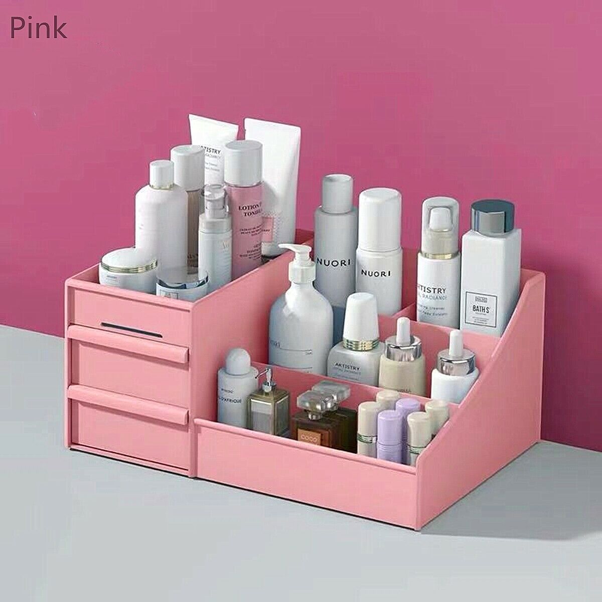 Plast hjem skuffebord desktop opbevaringsboks arrangør klar akryl makeup make up arrangør til kosmetik: Lyserød