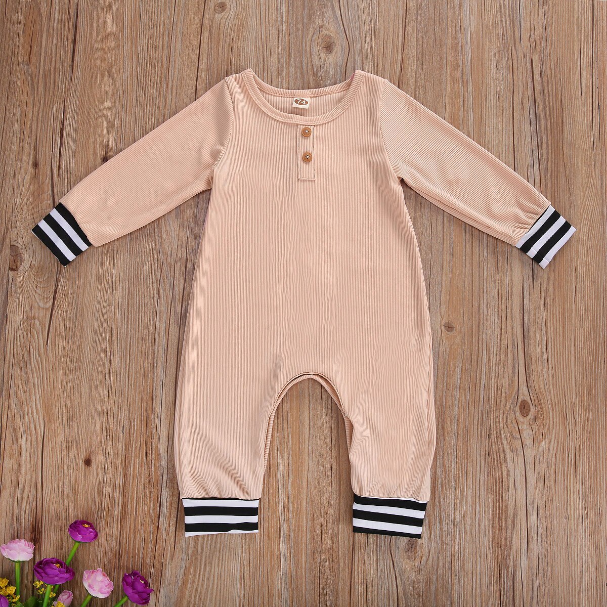 Peuter Herfst Kleding O-hals Lange Mouwen Geribbelde Jumpsuit Met Strepen Manchetten En Terug Trimmings Voor Baby Meisjes, Jongens
