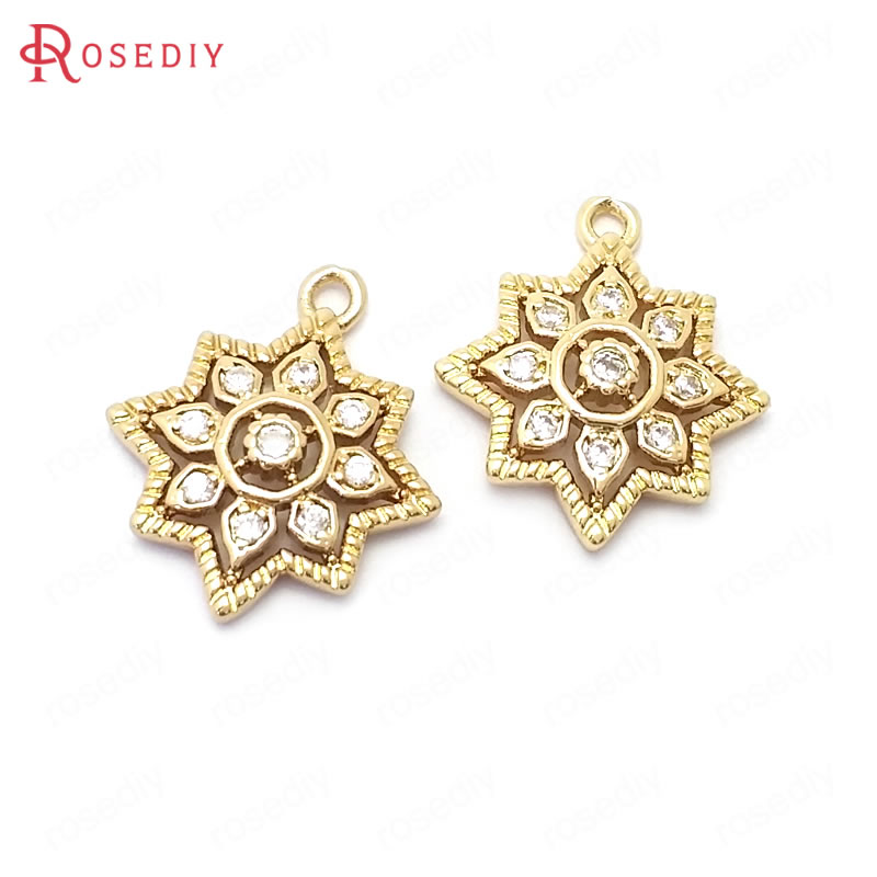 (39109)10PCS 14x16.5MM 24K Color Oro In Ottone e Zircone Del Fiore di Sun Pendenti E Ciondoli Pendenti Con Gemme E Perle Creazione di Gioielli Forniture accessori fai da te