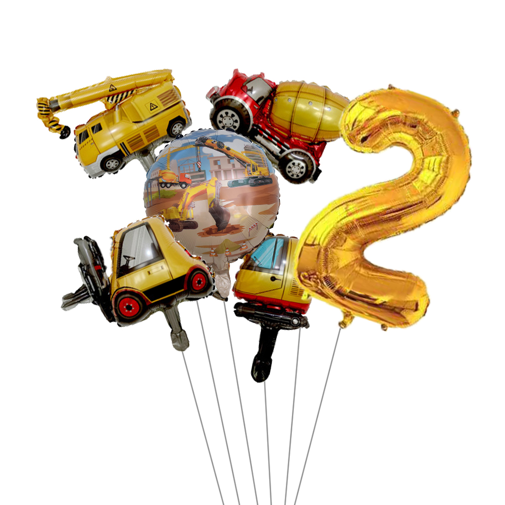 6pcs Mini Carton Vehicle Balloon with 32inch Gold Number Balloon Set for Boy's Construction Themed Birthday Party Decorations: RUBY