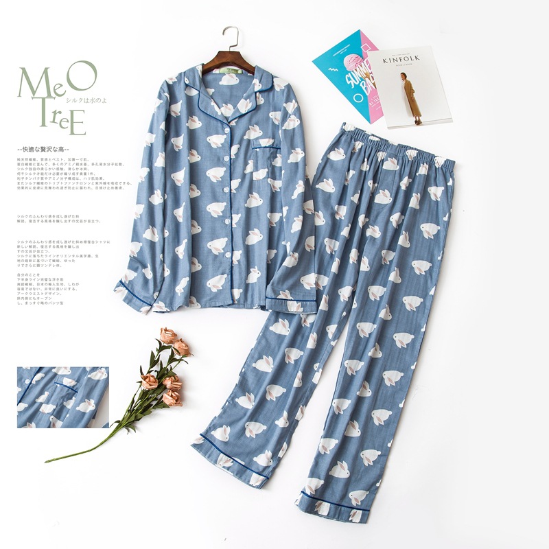 Pyjama à manches longues pour Couple, vêtements de nuit, en coton, grande taille, printemps et été: men-blue / XL