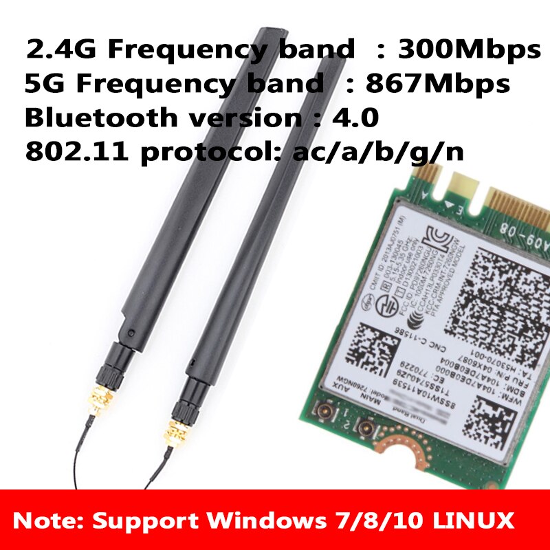 WIFI CARD for Intel Dual Band Wireless-AC 7260AC NGFF Bluetooth4.0 867Mbps Wlan Card X99-K9