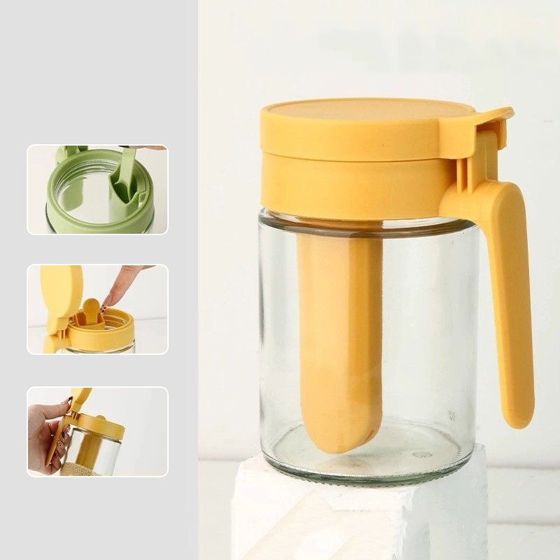 Household Kitchen Moisture-Proof Seasoning Jar Salt Container 2 In 1 Glass Spice Bottle Spoon Separation Glass Seasoning Can: Light Grey