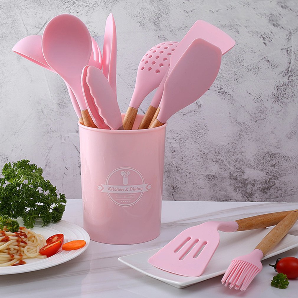Silicone Kitchenware With Storage Bucket 12-piece Set Beech Wood Handle Kitchenware For Non-stick Pans
