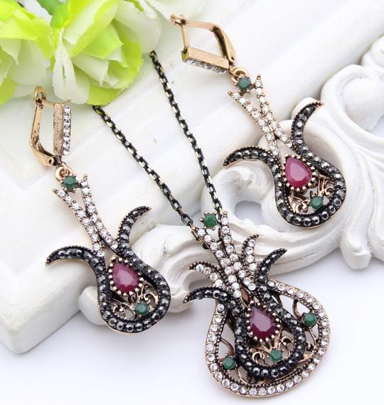 Vintage turkiska kvinnor tulpan blomma smycken set antik guld färg harts örhänge strass halsband nigeria brud smycken set: Redfa 0719
