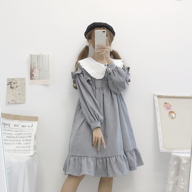 Lolita-robe quotidienne japonaise Kawaii, tenue quotidienne, col de poupée, manches longues ample, à volants, style rétro, automne hiver