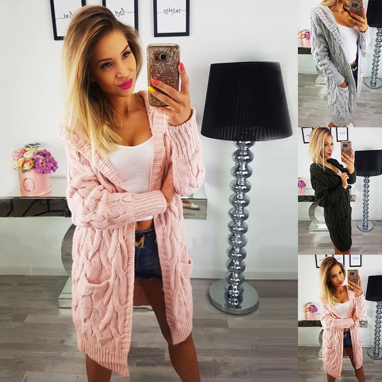 Otoño e Invierno nueva de las mujeres de la ropa de color puro de punto twist de manga larga con capucha suéter cardigan sin botón chaqueta