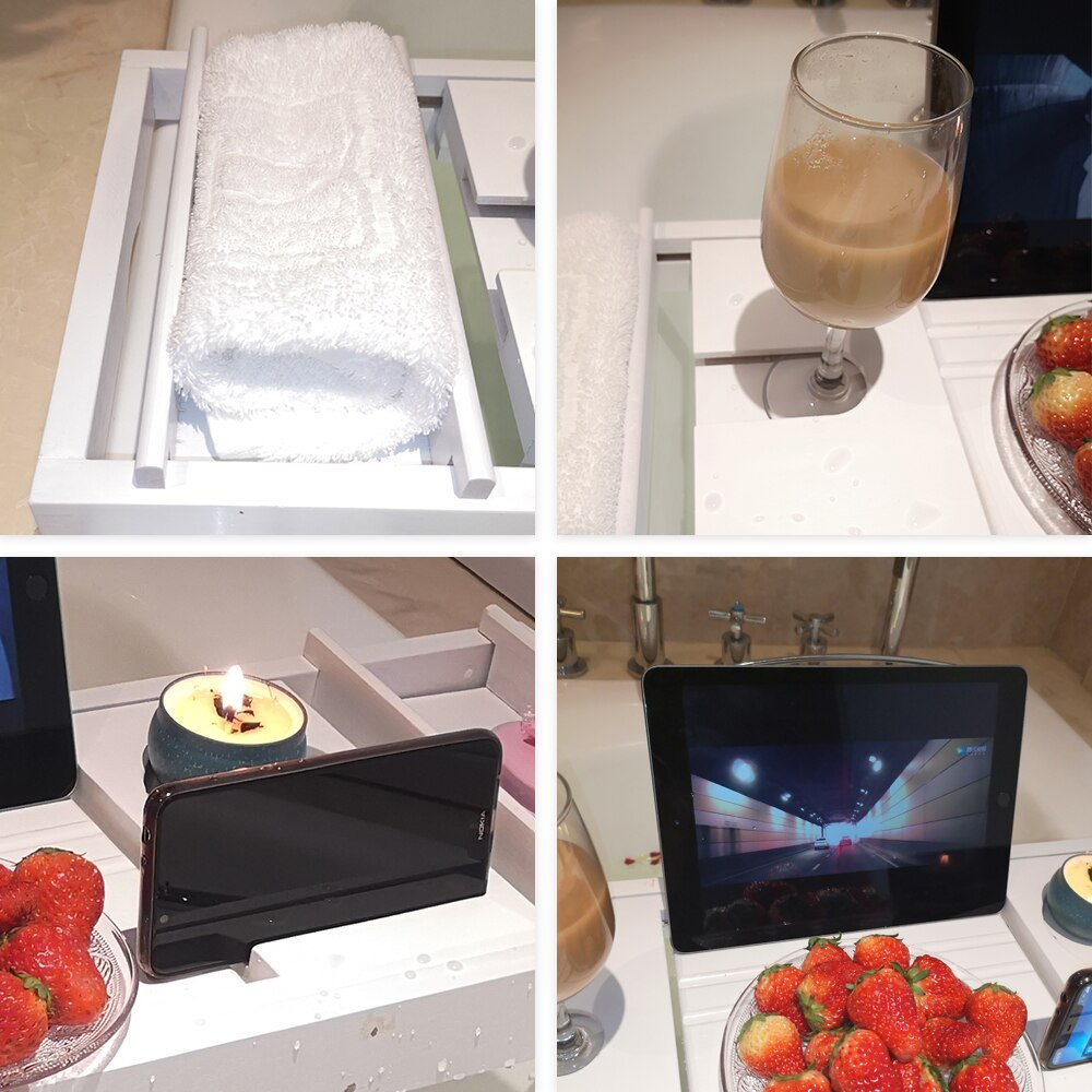 Bathtub Tray Bamboo Spa Bathtub Caddy Organizer Rack Book Wine Holder Nonslip Bottom Extendable Bath Tub Reading Shelf Tray