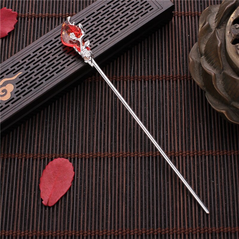 Moda chinês tradicional liga de metal vara de cabelo do vintage flor grampos de cabelo grampos para o cabelo feminino jóias acessórios presentes: Silver Red