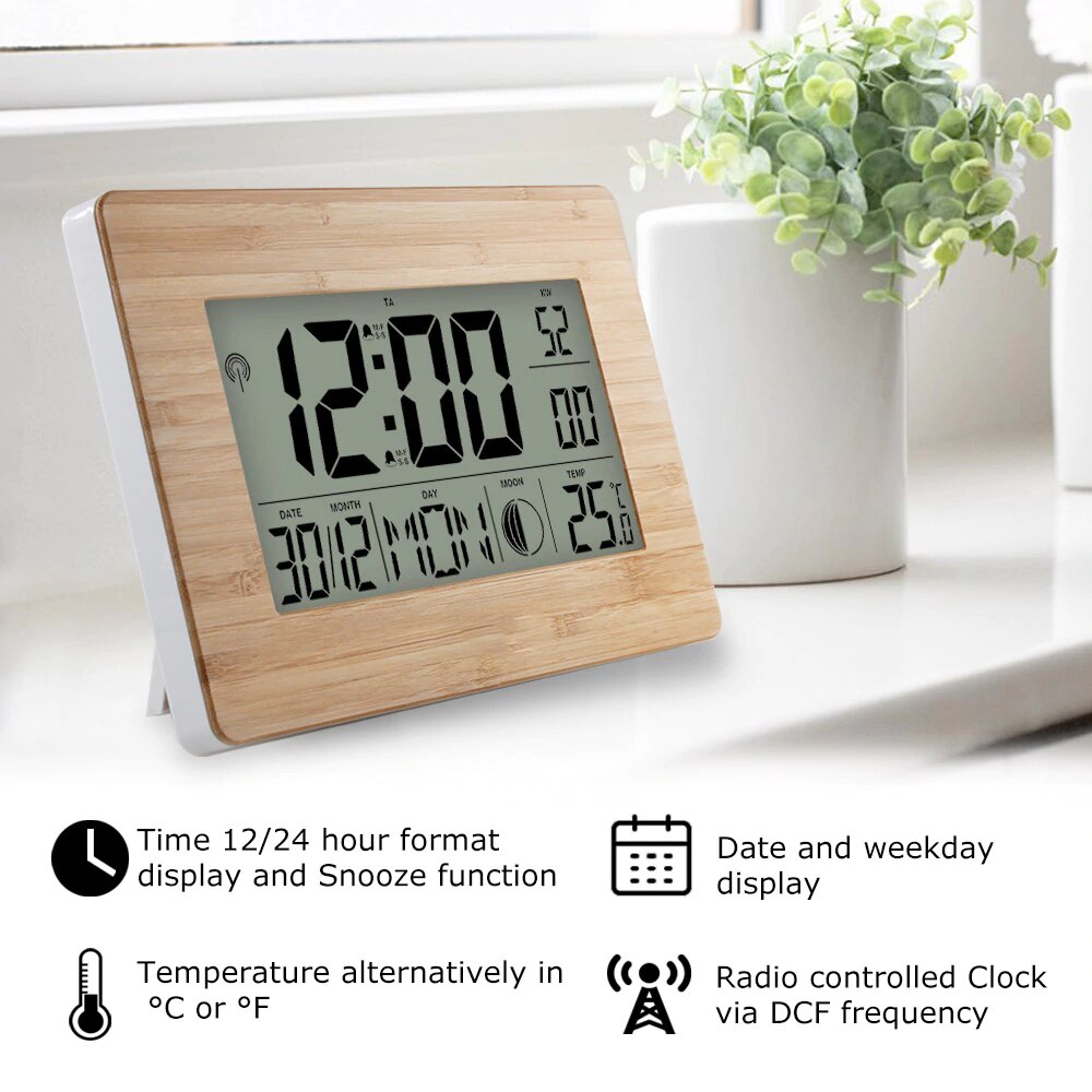 Atomic Clock LCD Digital Calendar Alarm Day Clock Dual Alarm Color with Snooze Temperature Table Clocks with Thermometer