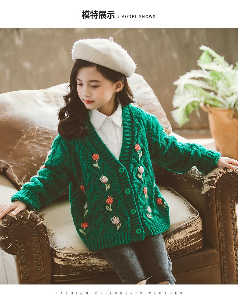 Cardigan floreale lavorato a maglia invernale per ragazze adolescenti 2022 nuova giacca maglione per bambini per bambini grandi primavera maglione autunno moda ragazza Teenager: green / 160cm