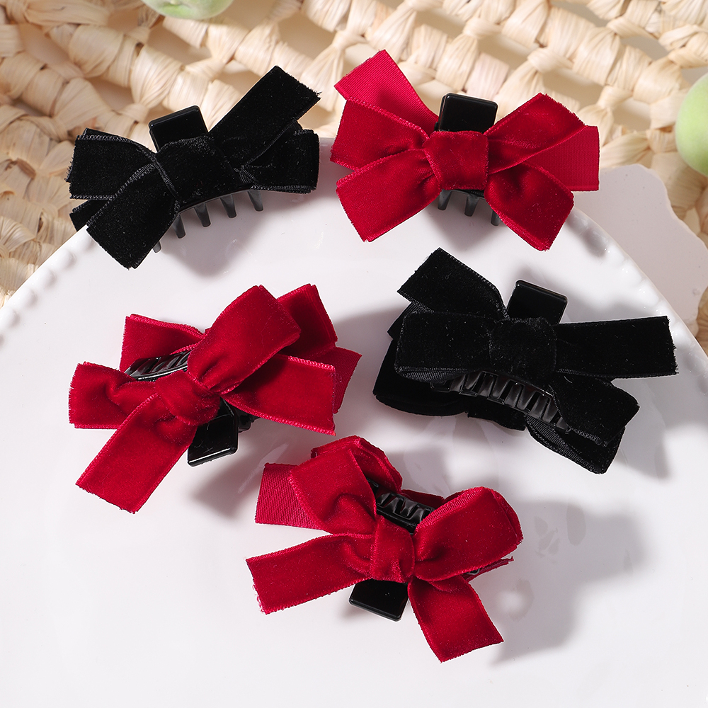 Pinza para el pelo pequeña con lazo rojo y negro para niña y mujer, pinza para el pelo con lazo de terciopelo de princesa, herramientas de peinado coreanas