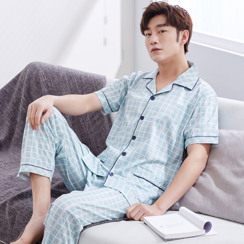 Hel bomulls pijamas för män 2 delar lounge nattkläder pyjamas rutig sommar sänglinne hem kläder man pjs big yards pyjamas set: Lm7813 / Xxxl