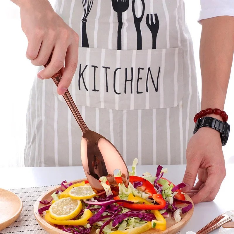 Stainless Steel Gold Salad Spoons Fork Cutlery Set Large Mixing Food Server Pasta Utensils Dinnerwar Kitchen Tableware Kit