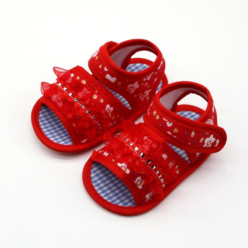 Baby Girl Sandals Floral Pattern Anti-Slip Shoes With Lace Casual Sneakers Toddler Soft Soled Footwear 0-18M: R / 13-18 Months