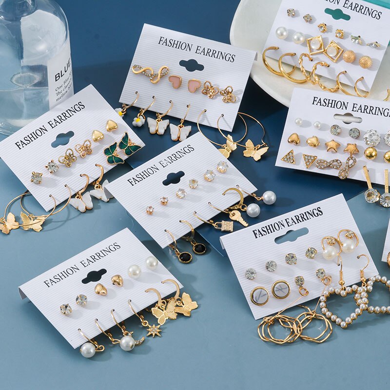 Women's Earrings Pearl Butterfly Earrings Set For Women Bohemian Jewelry 2022 Geometric Heart Crystal Small Stud Earring