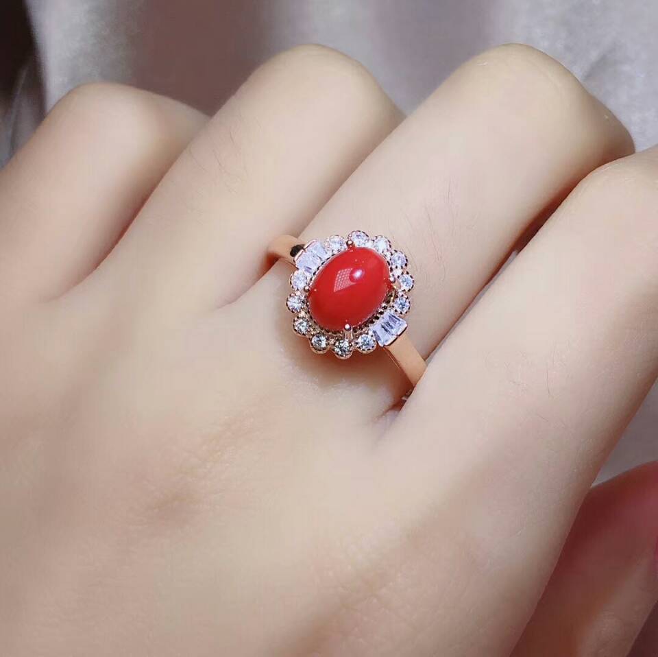 MeiBaPJ Naturale Del Corallo Rosso Insieme Dei Monili Del Fiore 925 Anello in Argento Puro Pendente Della Collana 2 Vestiti Multa Monili di Cerimonia Nuziale per Le Donne: Ring