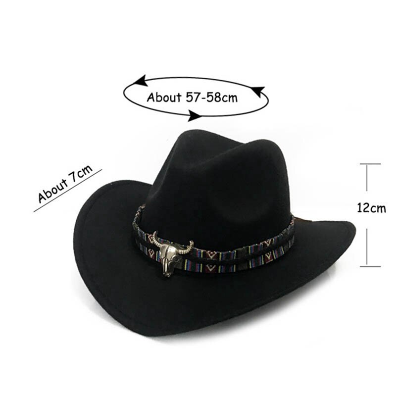 Mode Mannen Vrouwen Western Cowboy Hoed Met Koe Hoofd Band Brede Rand Hoed Pop Jazz Hoed Winter Wol Hoed Maat 56-58Cm
