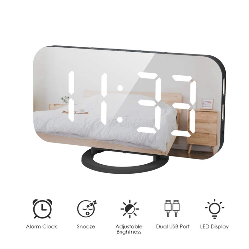 LED Digital Alarm Clock with Large White Font Display Mirror Surface Snooze Function for Bedroom Children's Rooms Office