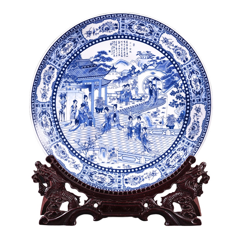 Jingdezhen porcelain antique blue and white porcelain hanging plate decorative plate Ornament Chinese style living room deco