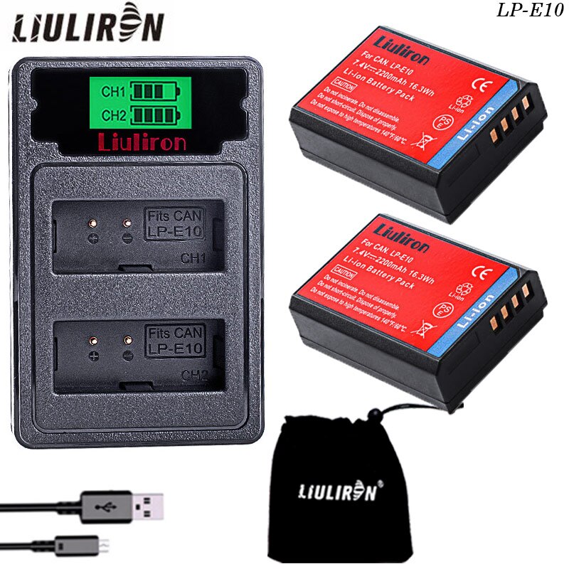 2200 mah lp -e10 lp e10 lpe 10 digitaalikameran akku canon 1100d 1200d 1300d rebel  t3 t5 kiss  x50 x70 -akku: Laturi ja 2 akkua