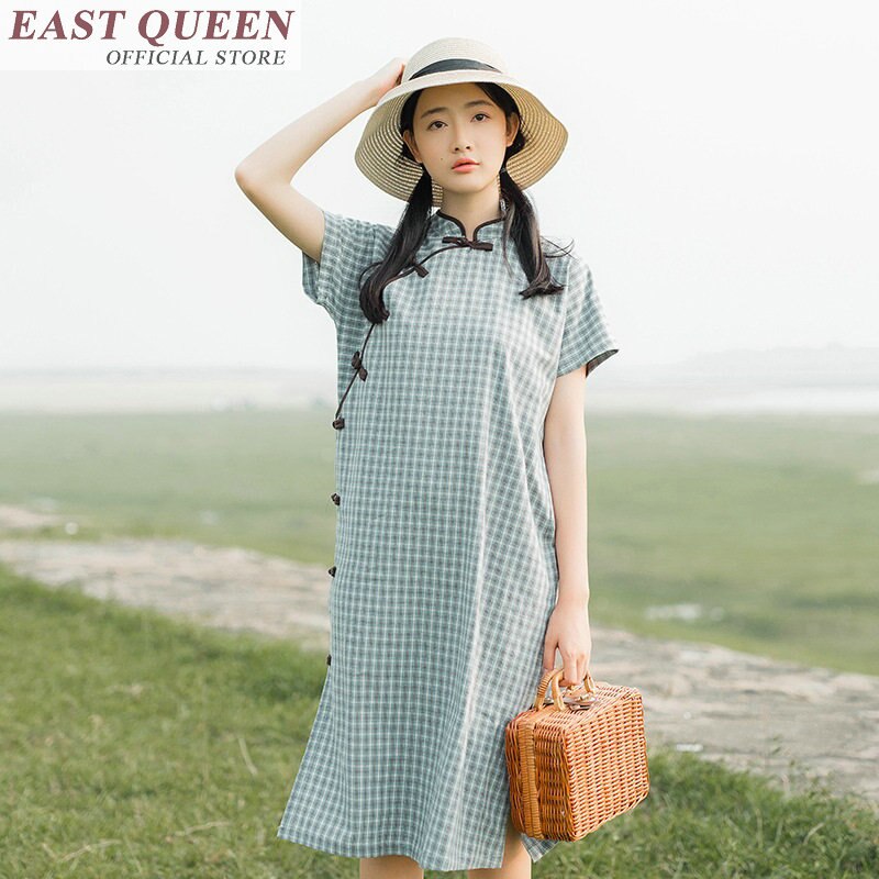 Vêtements chinois traditionnels pour femme ao dai robe de femmes couleur claire grille robes vintage robe élégante magasin de porcelaine FF285 A: 1 / L