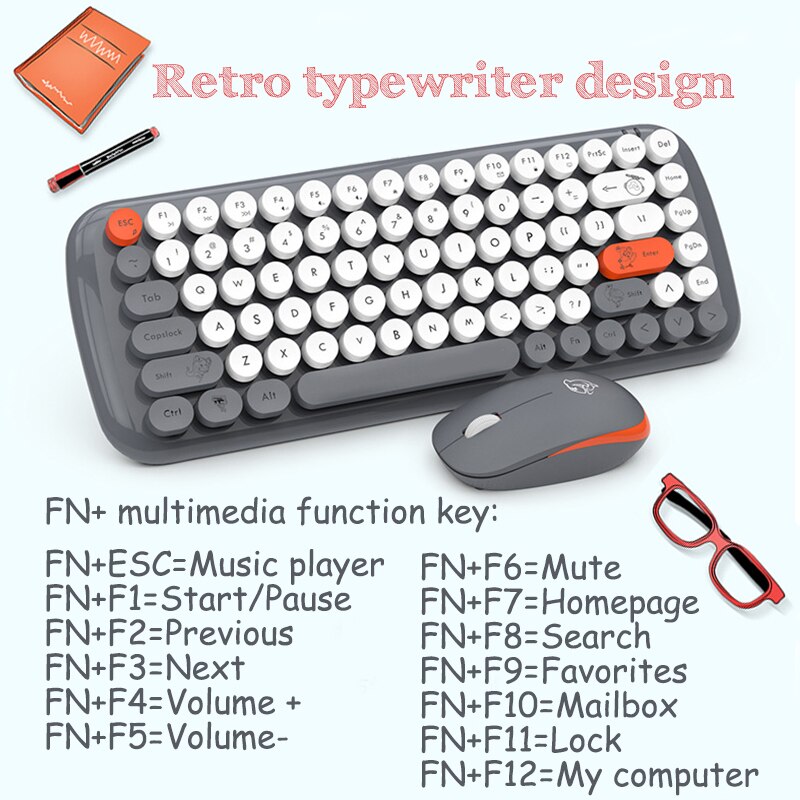 Trådløst tastatur og mus sæt 2.4g bluetooth retro punk skrivemaskine til kontor pc notebook bærbar stationær tastatur mus