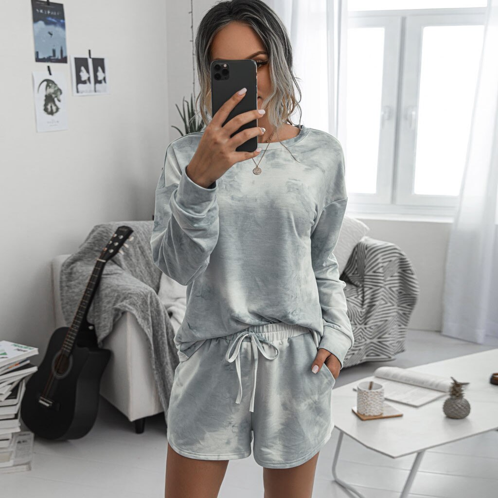 38 # Vrouwen 2 Pc Tie-Dye Sweatsuit Set Lange Mouw Trui Koord Vrouwen Zomer Sport sweatpant Mujer: Gray  / S