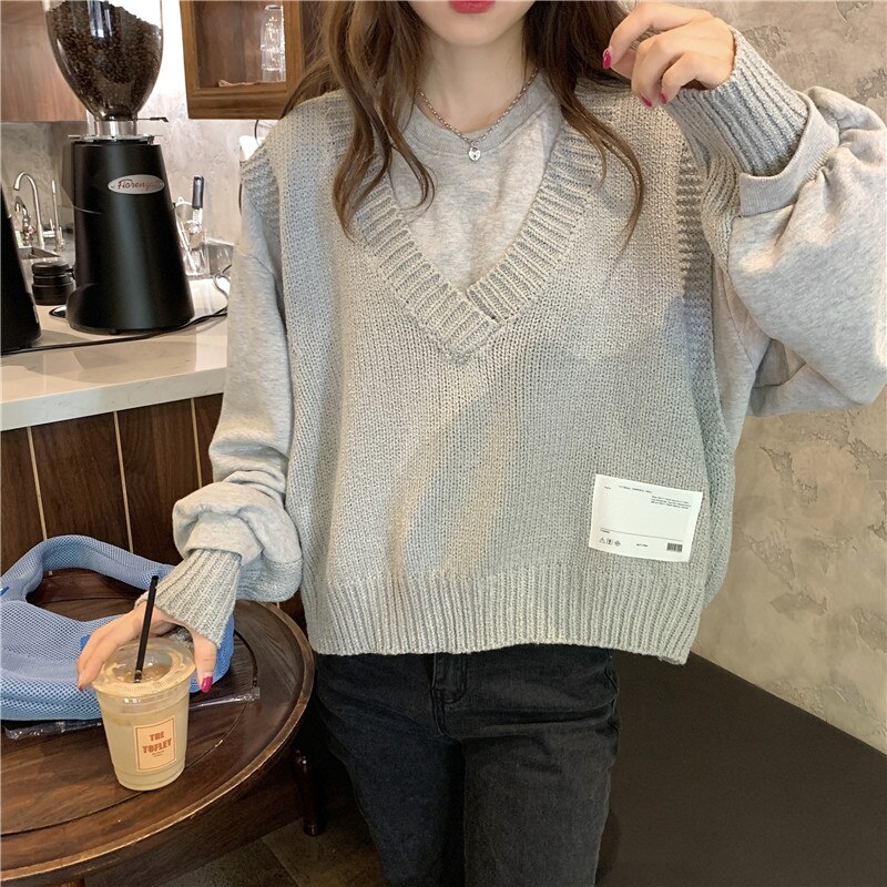Suéter con cuello en V para mujer, Blanco Simple escolar que combina con todo, ropa de diario holgada Harajuku de estilo japonés para chicas