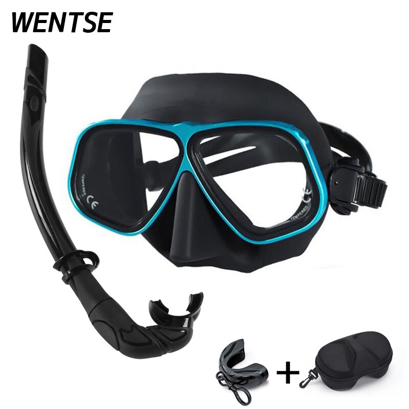 Color Alloy frame free diving goggles scuba full face mask wet tube kit Snorkeling equipment Ultra low volume Free-dive: Black blue Kit