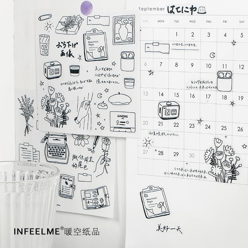 2 Sheets/pack Cute Black White Life Embrace Series Stickers Kawaii DIY Scrapbooking Diary PVC Deco Sticker Stationery Sticker