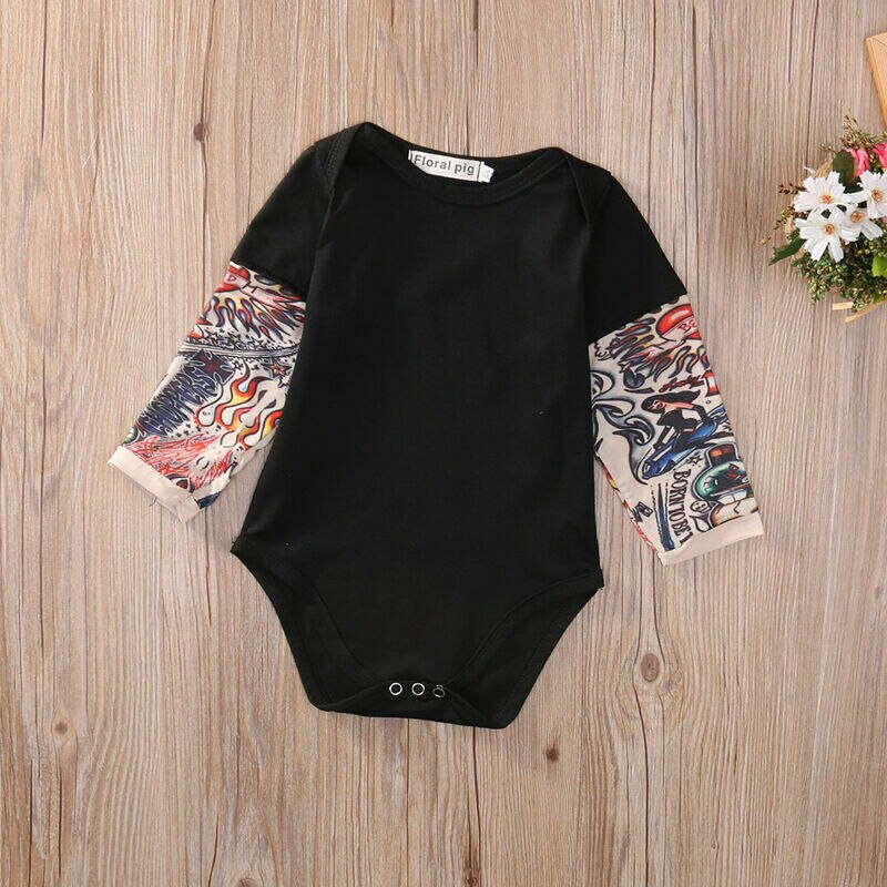 Zomer katoen Pasgeboren Baby Jongen Bodysuit Kleding Tattoos Print Lange Mouwen Bodysuit Jumpsuit Outfits Zwart Grijs