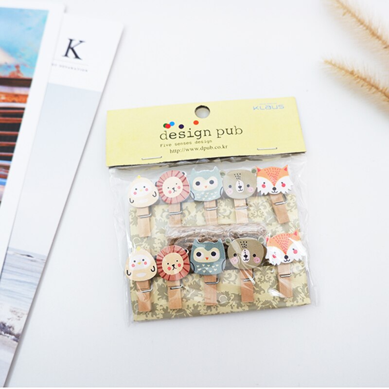 10 stuks/pak kawaii leeuw vos houten clip cartoon foto clips diy wasknijper knutsel decoratie clip met henneptouw