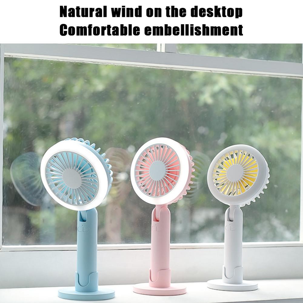 Mini Handheld Fan Usb Oplaadbare Handheld Desk Fan 3 Speed Verstelbare Koelventilator Led Ring Licht Met Telefoon Stand Base