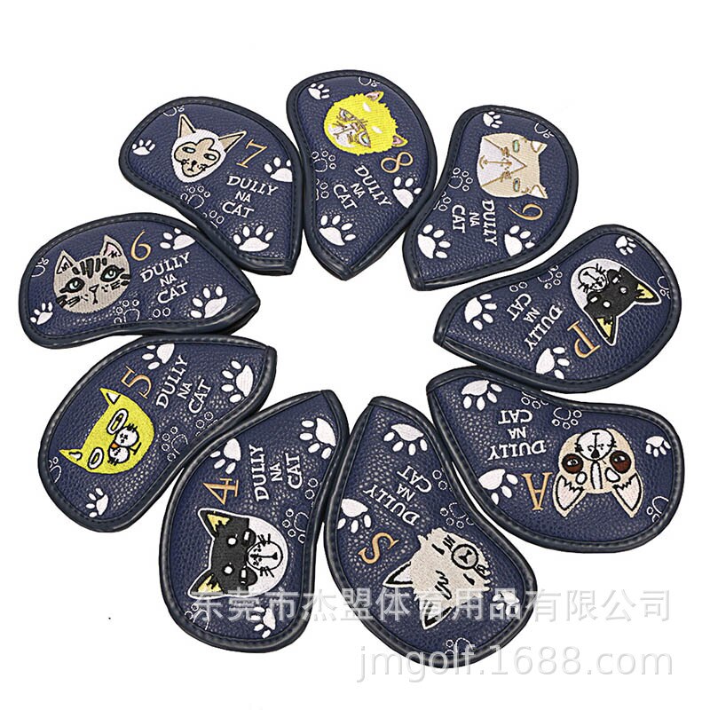 9 Pcs Golf Club Headcovers Kappe Cartoon Nette Faul Katze Kappe Schutzhülle PU Wasserdichte Fairway Hybrid Set Vintage Tragbare: dark blue