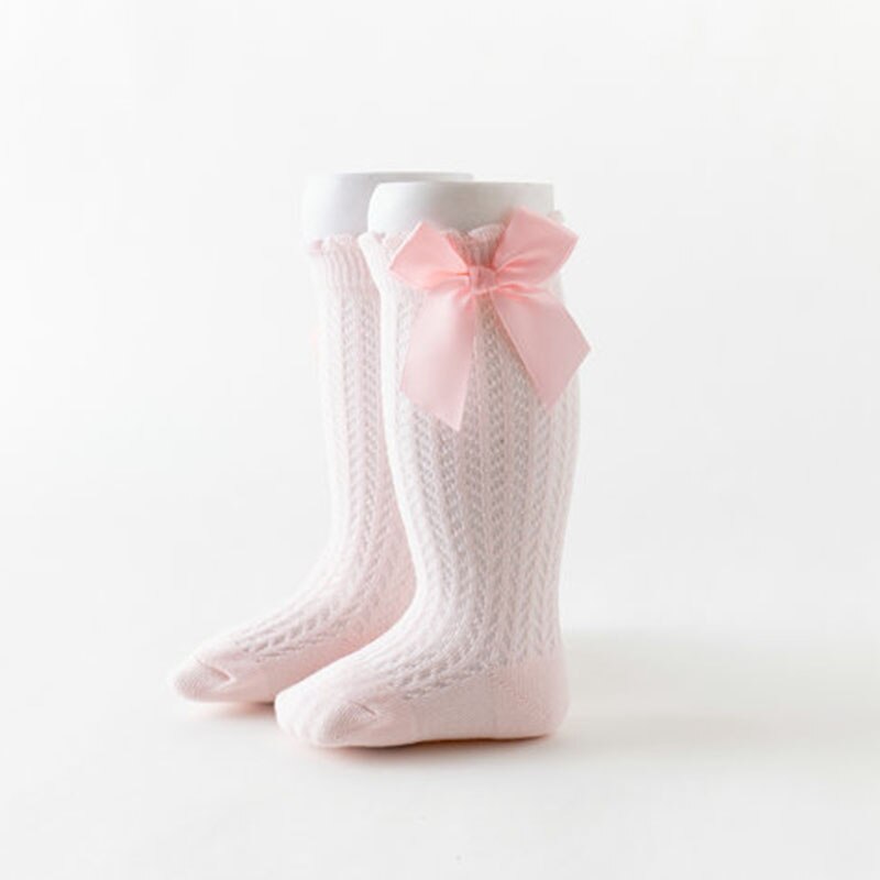 Chaussettes d'été pour bébé fille, avec nœuds, en maille, pour -né, hautes, respirantes, couleur unie, douces, en coton, pour nourrissons: light pink