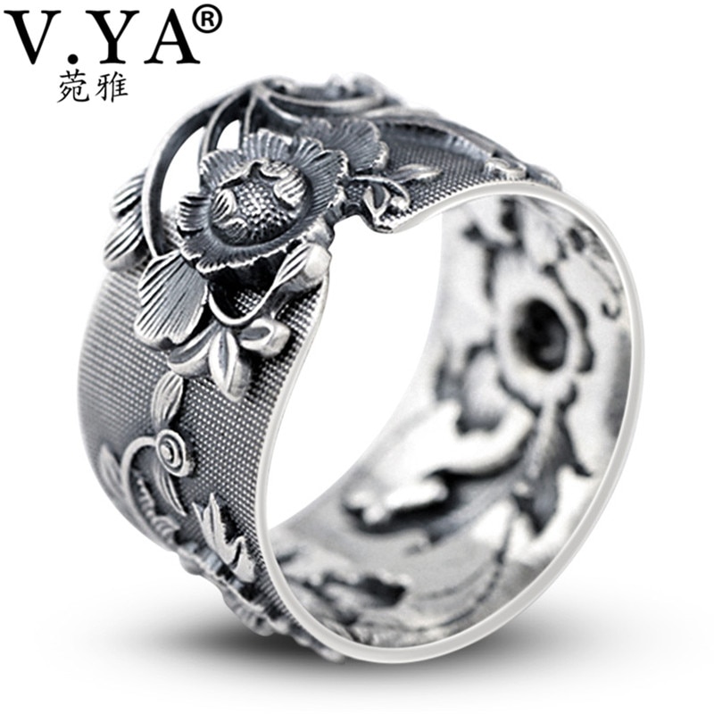 V.ya retro pioenroos bloem 990 sterling zilveren ringen voor vrouwen verstelbare thaise zilveren ring vintage sieraden