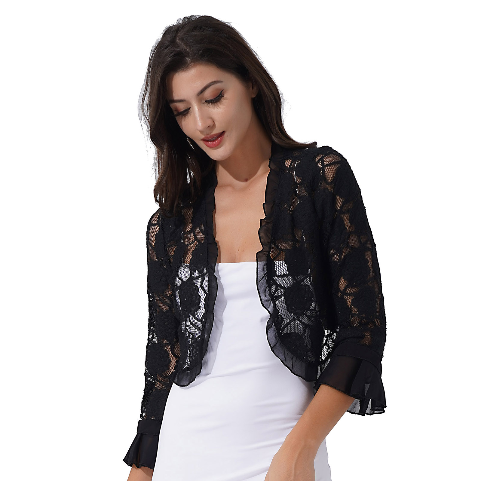 Chales elegantes de media manga para mujer, Bolero de encaje Floral con volantes, cárdigan frontal abierto, Tops, chal de boda para mujer
