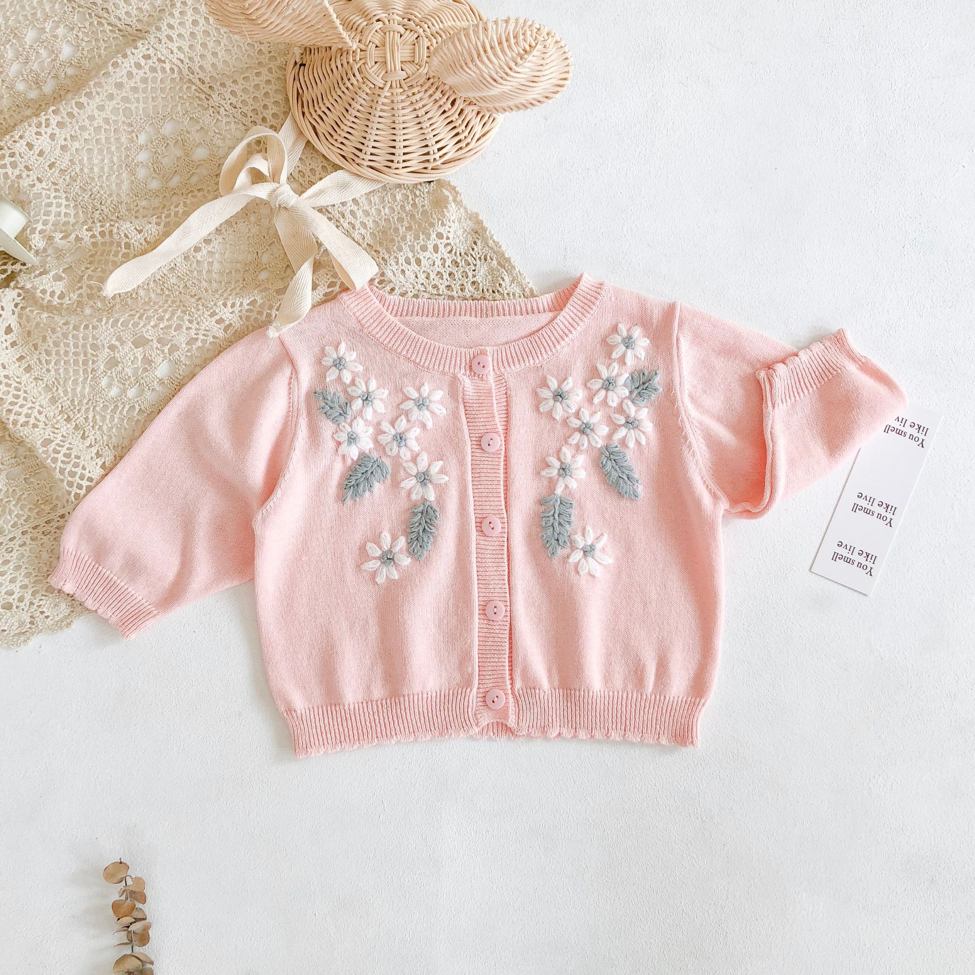 Kids Sweaters Thin Knitted Cotton Clothes Apring Autumn Baby Girls Long Sleeve Open Stitch Flower Embroidery Sweater 0-24 M