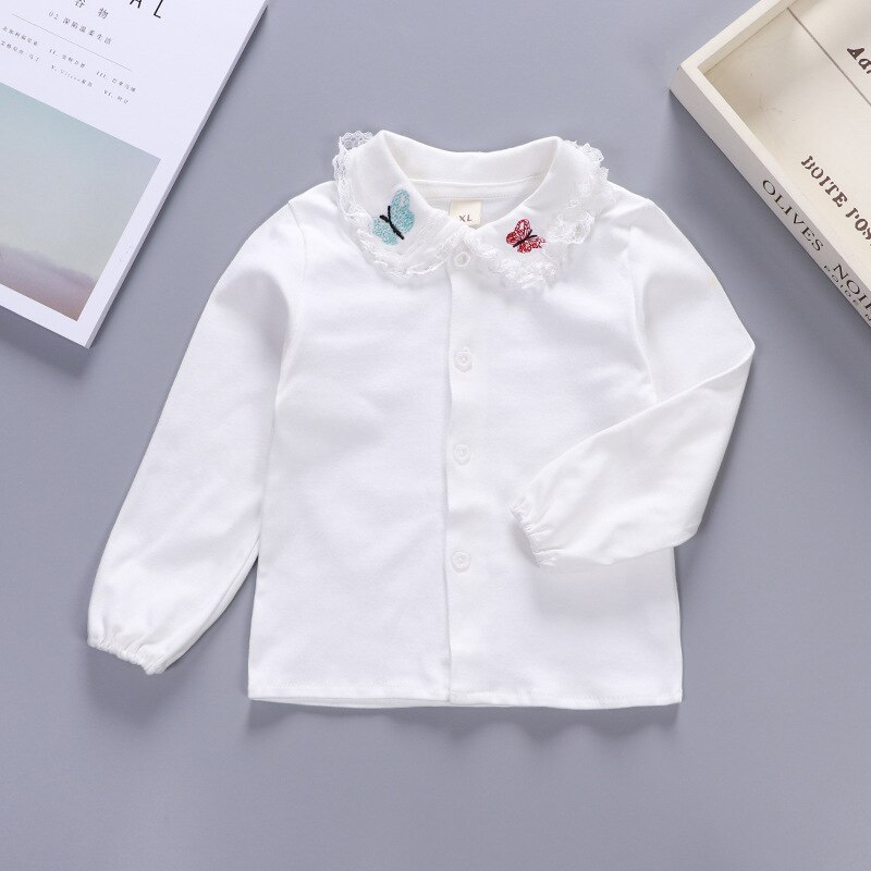 Qunq bebê meninas camisas de manga longa borboleta bordado primavera outono topos roupas único breasted cor sólida recém-nascidos camisas: White / 12M