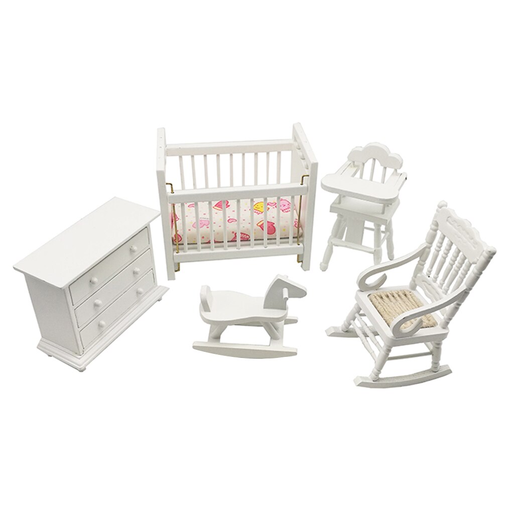 5 Stks/set Moderne 1/12 Schaal Houten Hobbelpaard + Crib Set Dollhouse Accessoire