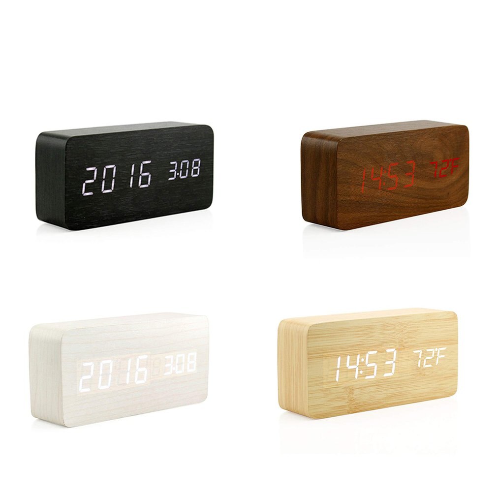 Stijlvolle Multifunctionele Led Wekker Creatieve Houten Usb Voeding Digitale Wekker Met Voice Control