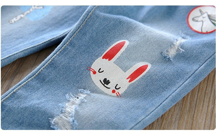 Children's jeans spring autumn baby girls jeans children Bunny cartoon pattern pants Hole jeans kid casual pants retail 3-8T