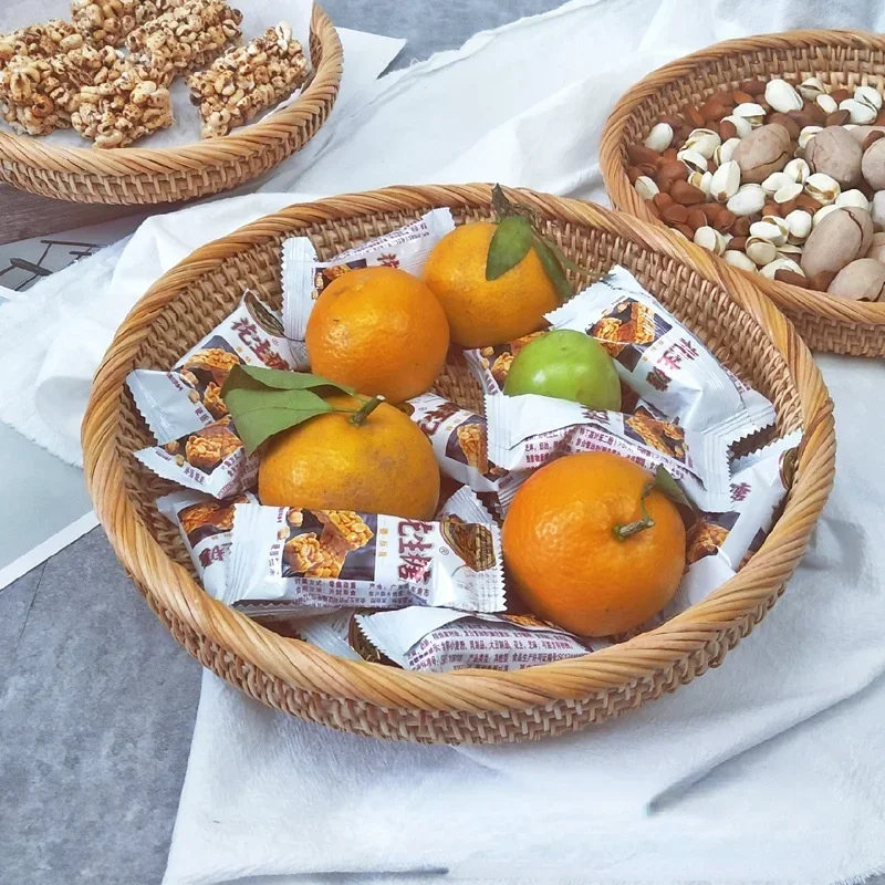 Handgeweven ronde rotan rieten mand Fruit Thee Snack Brood Picknickbak Snacks Opbergdoos Keukenbenodigdheden Mand Fruitschaal