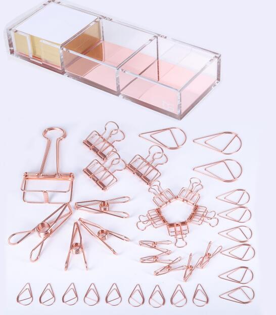 High - end acrylic three - cell notes box transparent transparent metal lattice office stationery Office supplies set: Bundle 2 rose dold