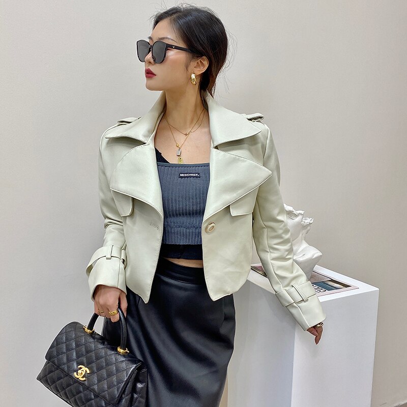 Veste coréenne en Faux cuir PU pour femme, manteau court violet à manches longues, Slim, doux, bouton unique, motard de rue, printemps,