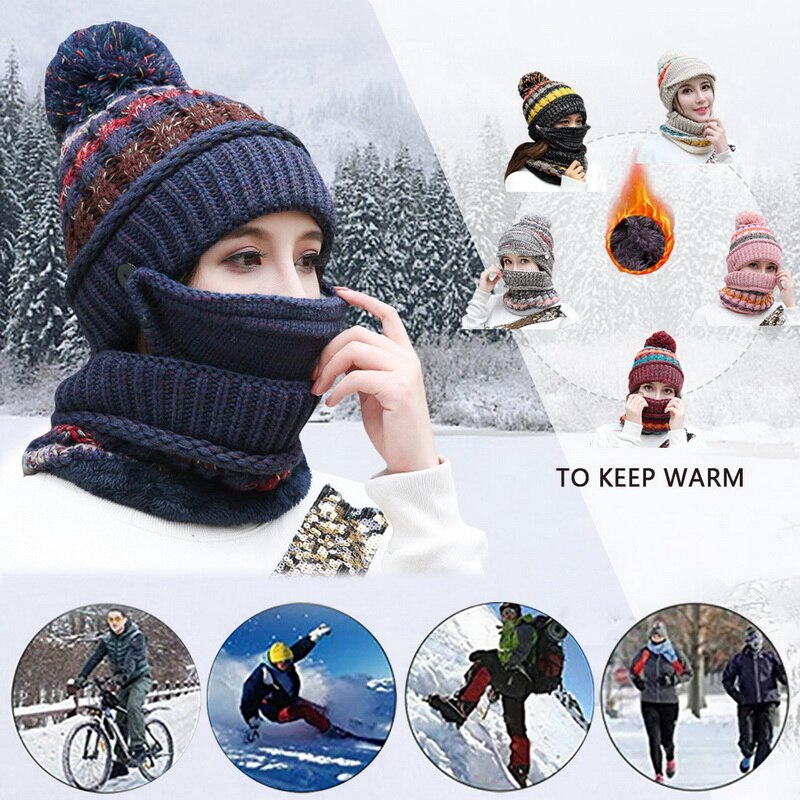 Conjunto de gorro de invierno, bufanda gruesa y cálida para mujer, accesorios de invierno, gorro interior de lana tejido, conjunto de bufanda, 3 uds, sombreros de invierno para montar al aire libre