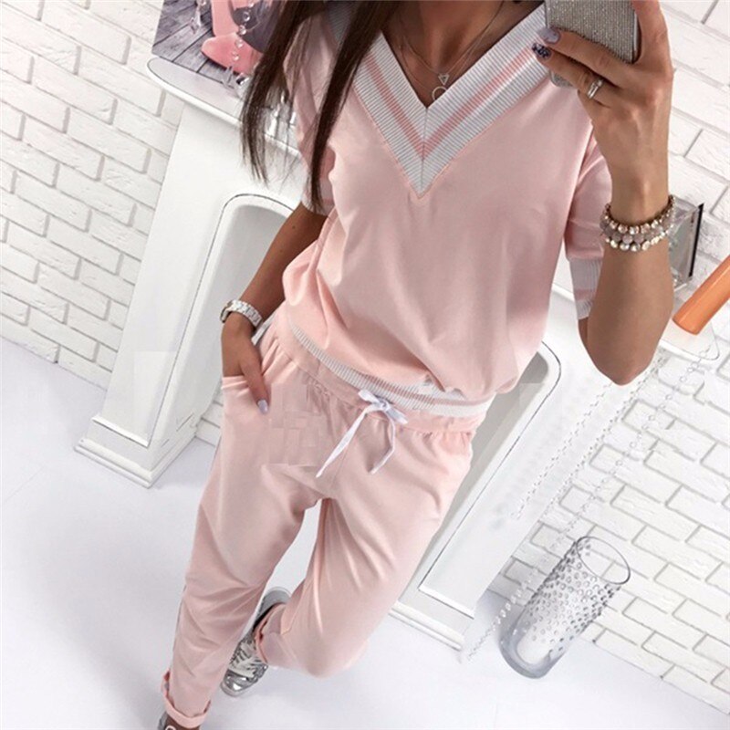 Women Sport Sets Fitness Running Jogging Suit Autumn Long Sleeve Loose Gym Sportswear V Neck Tops + Pants