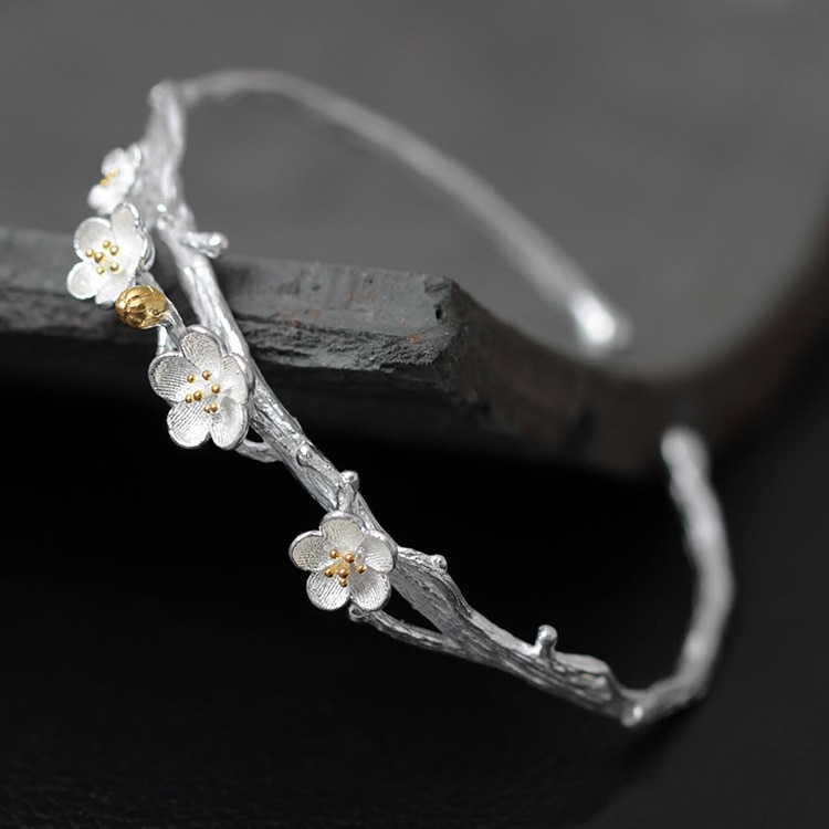 925 Sterling Silver Bracelets Bangles For Women Femme Plum Blossom Bracelet Bangle Female Artistic Flower Jewelry