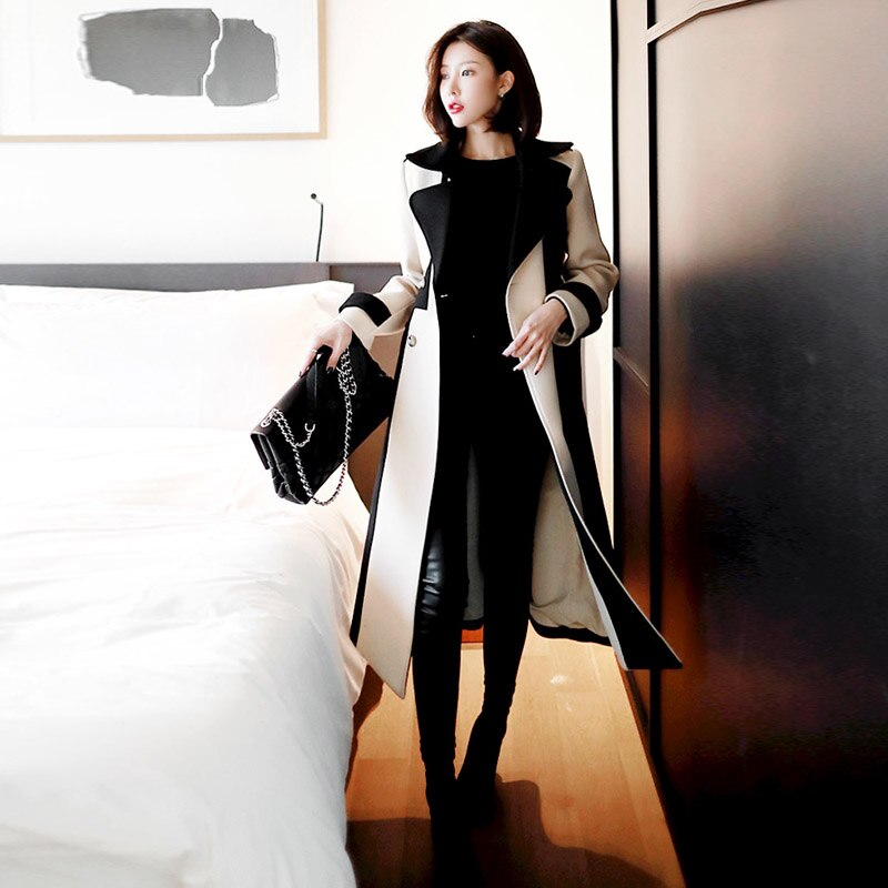 Trench-Coat en Tweed épais et pour femme, pardessus en laine, Double boutonnage, Patchwork, manches longues, coréenne, automne hiver